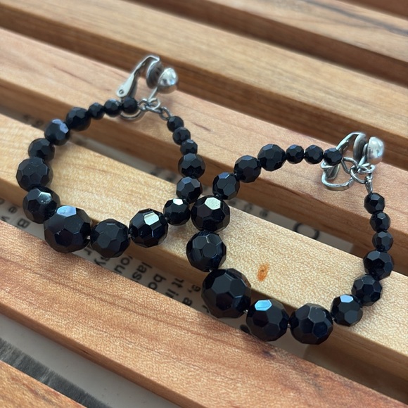 Elegant Black Beaded Hoop Clip on Earrings - Picture 1 of 3